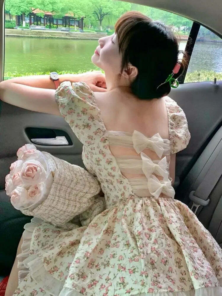 Y2K Floral Bubble Sleeve Dress - Summer Backless Bow Princess Poncho, Retro 90S Grunge Style