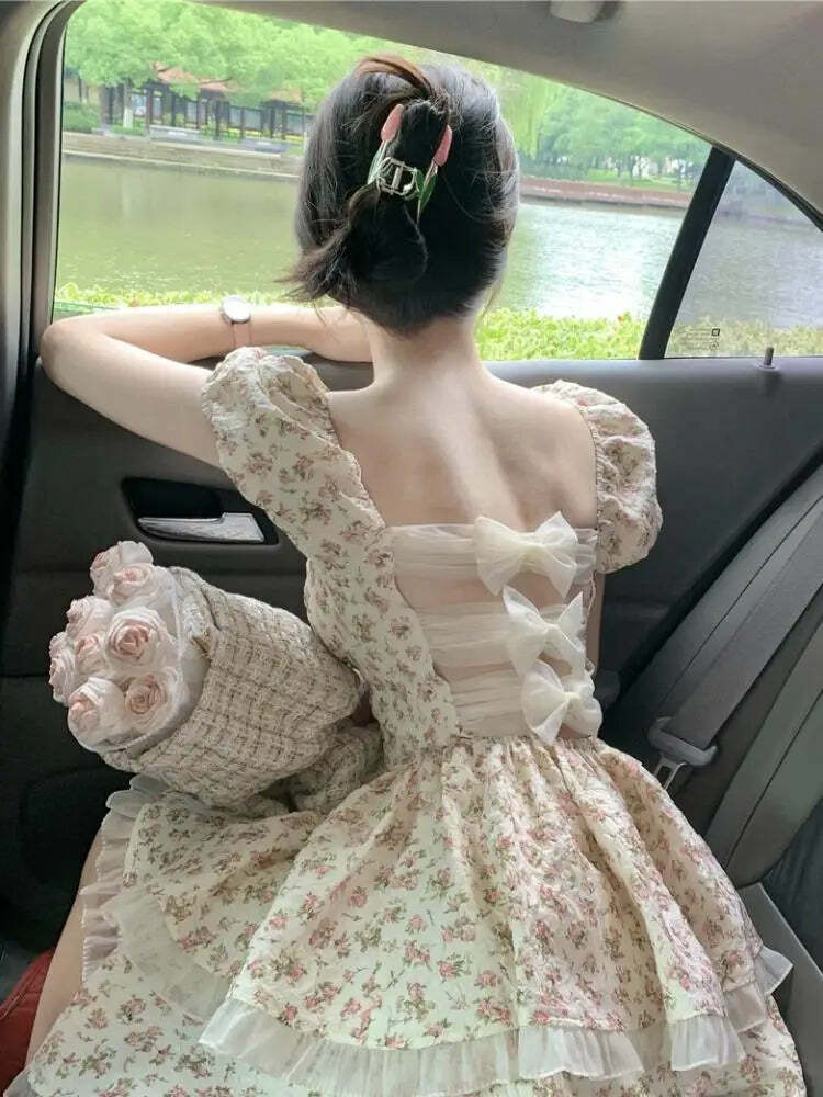 Y2K Floral Bubble Sleeve Dress - Summer Backless Bow Princess Poncho, Retro 90S Grunge Style