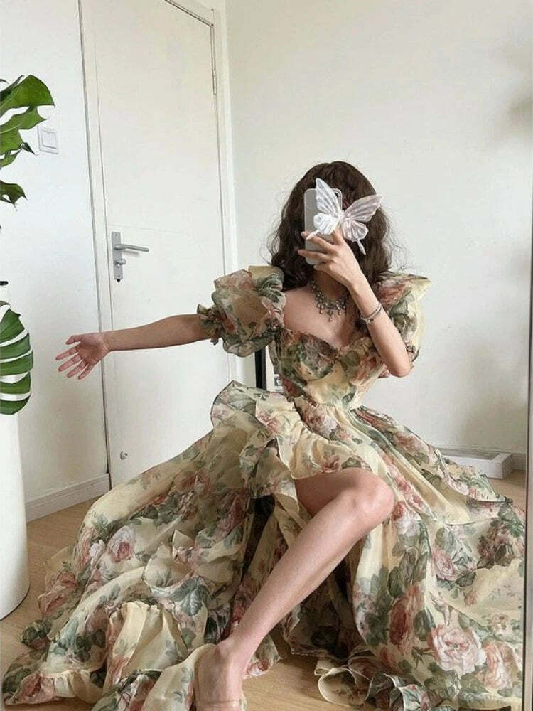 Y2K Floral Print Puff Sleeve Dress - Vintage 90S Grunge Summer Party Outfit For Women