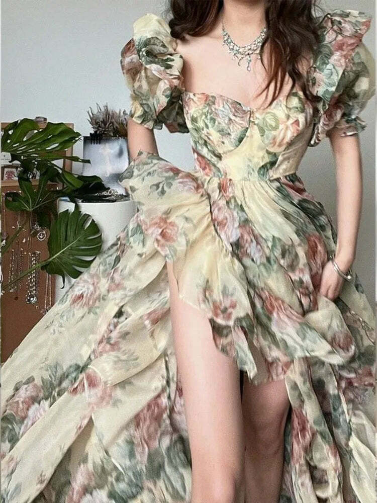 Y2K Floral Print Puff Sleeve Dress - Vintage 90S Grunge Summer Party Outfit For Women