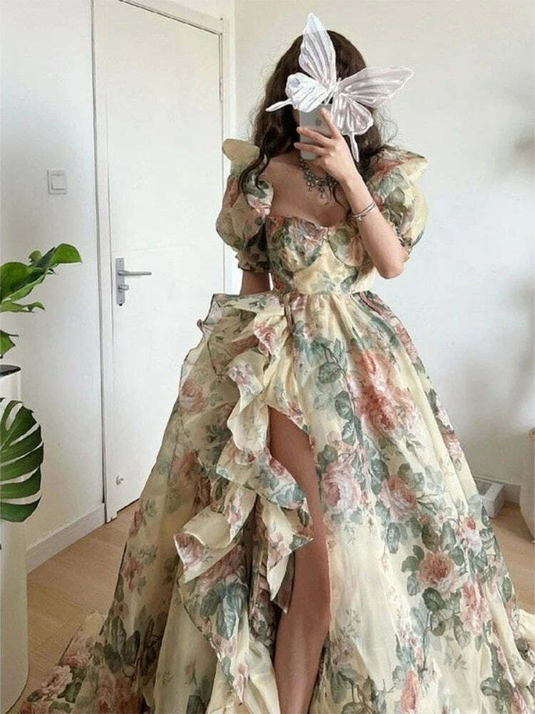 Y2K Floral Print Puff Sleeve Princess Dress - Vintage 90S Grunge Summer Party Outfit
