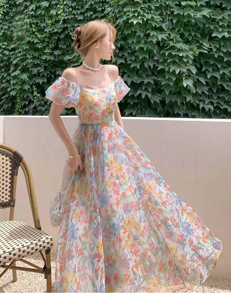 Y2K Floral Puff Sleeve Dress - Summer Retro 90S Grunge, Cool & Breathable, Bare Shoulder Style