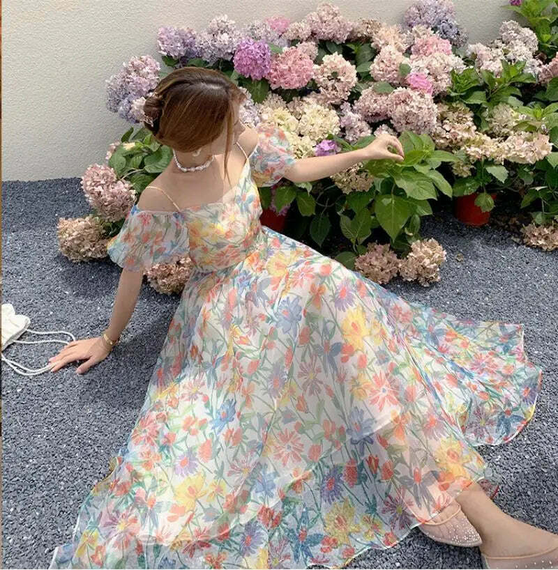 Y2K Floral Puff Sleeve Dress - Summer Retro 90S Grunge, Cool & Breathable, Bare Shoulder Style