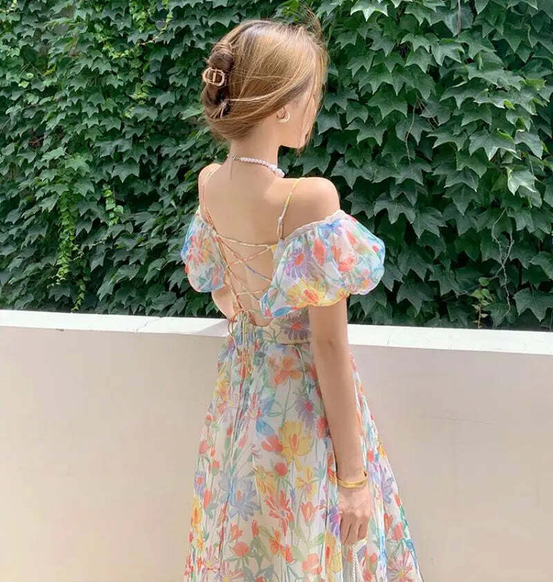 Y2K Floral Puff Sleeve Dress - Summer Retro 90S Grunge, Cool & Breathable, Bare Shoulder Style