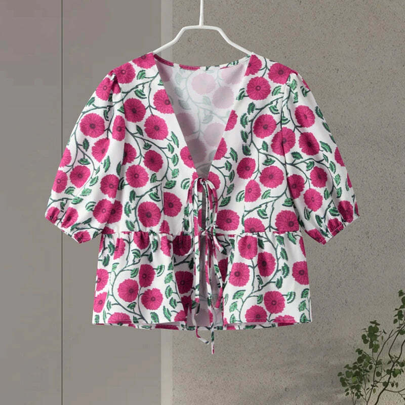 Y2K Floral Skirt & Lace-Up Top Set - Retro 90S Summer Outfit, Soft 2-Piece V-Neck Shortsleeve