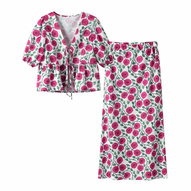 Y2K Floral Skirt & Lace-Up Top Set - Retro 90S Summer Outfit, Soft 2-Piece V-Neck Shortsleeve