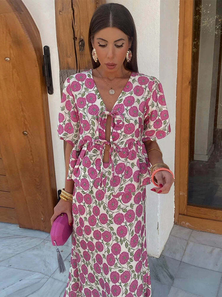 Y2K Floral Skirt & Lace-Up Top Set - Retro 90S Summer Outfit, Soft 2-Piece V-Neck Shortsleeve