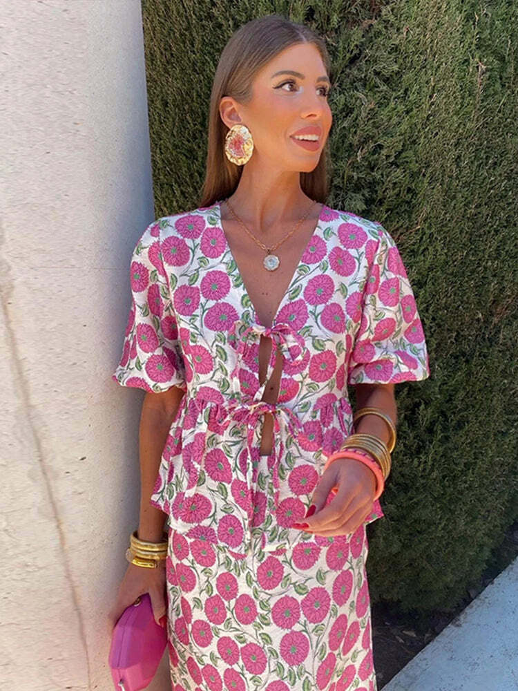 Y2K Floral Skirt & Lace-Up Top Set - Retro 90S Summer Outfit, Soft 2-Piece V-Neck Shortsleeve