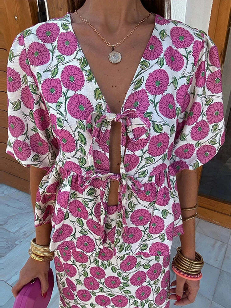 Y2K Floral Skirt & Lace-Up Top Set - Retro 90S Summer Outfit, Soft 2-Piece V-Neck Shortsleeve