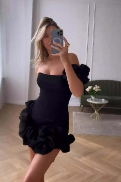 Y2K Flower Edge One Shoulder Dress - Slim Fit, Rose Pleated, Chic Party & Prom Outfit