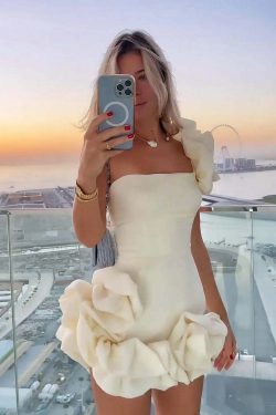 Y2K Flower Edge One Shoulder Dress - Slim Fit, Rose Pleated, Chic Party & Prom Outfit
