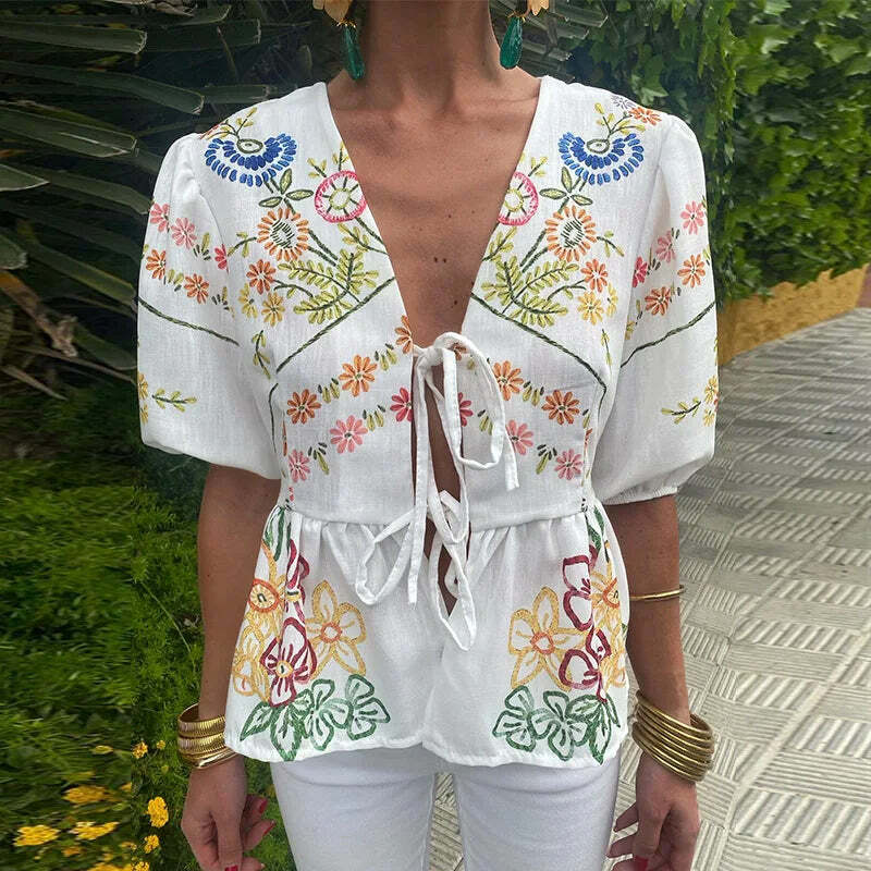 Y2K Flower Print Puff Sleeve Blouse - Retro 90S Grunge Summer Top With Bow Lace Up V-Neck