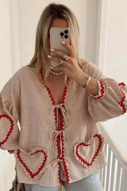 Y2K Flower Print Puff Sleeve Blouse - Retro 90S Grunge Summer Top With Bow Lace Up V-Neck