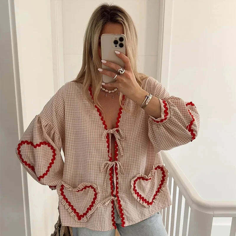 Y2K Flower Print Puff Sleeve Blouse - Retro 90S Grunge Summer Top With Bow Lace Up V-Neck