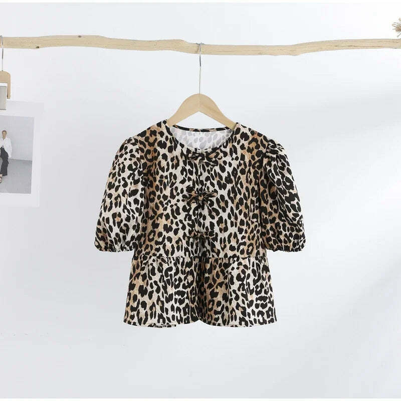 Y2K Flower Print Puff Sleeve Blouse - Retro 90S Grunge Summer Top With Bow Lace Up V-Neck