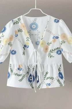Y2K Flower Print Puff Sleeve Blouse - Retro 90S Grunge Summer Top With Bow Lace Up V-Neck