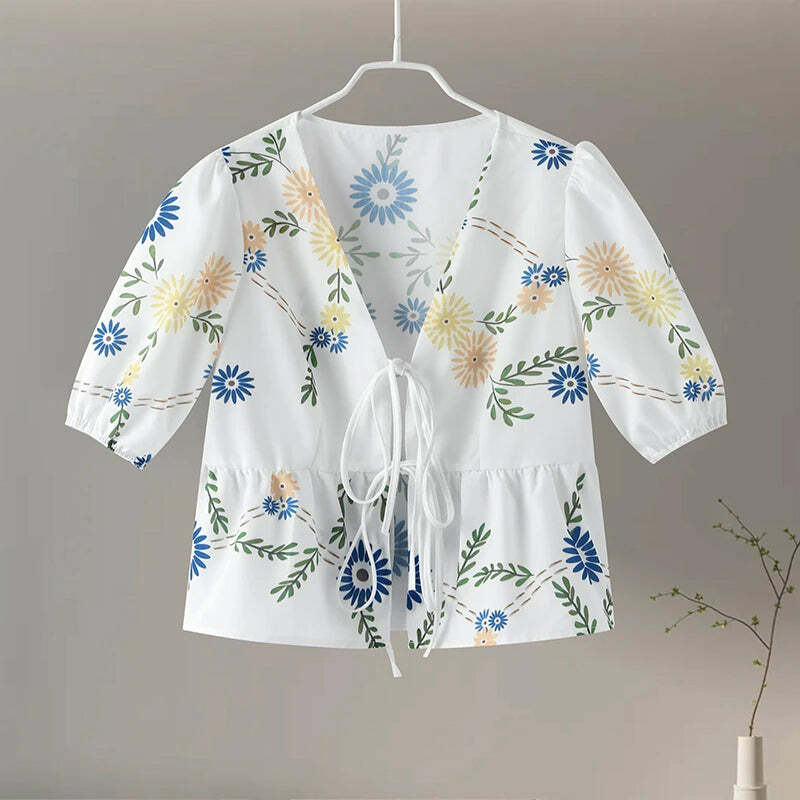 Y2K Flower Print Puff Sleeve Blouse - Retro 90S Grunge Summer Top With Bow Lace Up V-Neck