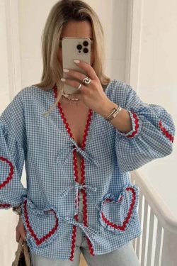 Y2K Flower Print Puff Sleeve Blouse - Retro 90S Grunge Summer Top With Bow Lace Up V-Neck