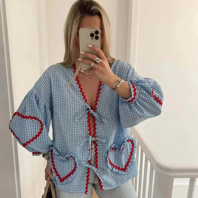 Y2K Flower Print Puff Sleeve Blouse - Retro 90S Grunge Summer Top With Bow Lace Up V-Neck