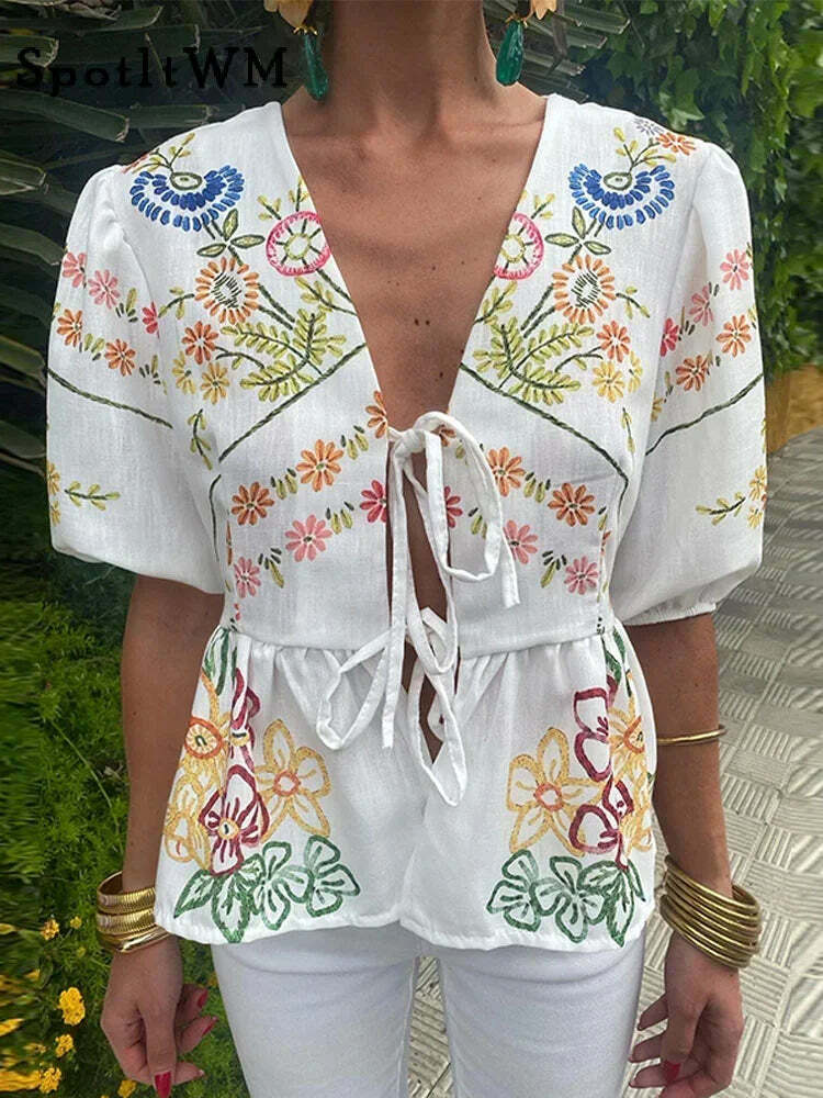 Y2K Flower Print Puff Sleeve Blouse - Retro 90S Grunge Summer Top With Bow Lace Up V-Neck