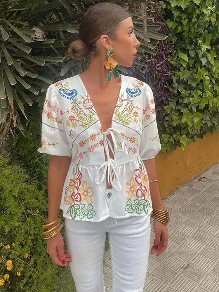 Y2K Flower Print Puff Sleeve Blouse - Retro 90S Grunge Summer Top With Bow Lace Up V-Neck