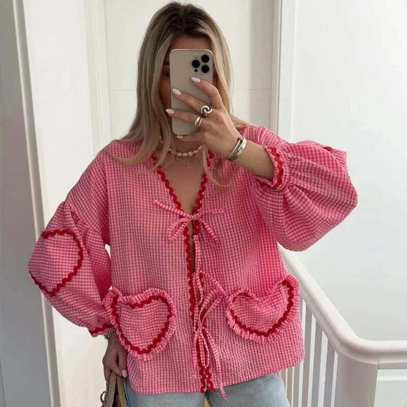 Y2K Flower Print Puff Sleeve Blouse - Retro 90S Grunge Summer Top With Bow Lace Up V-Neck