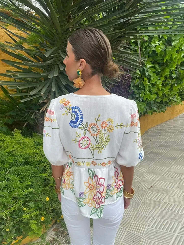 Y2K Flower Print Puff Sleeve Blouse - Retro 90S Grunge Summer Top With Bow Lace Up V-Neck