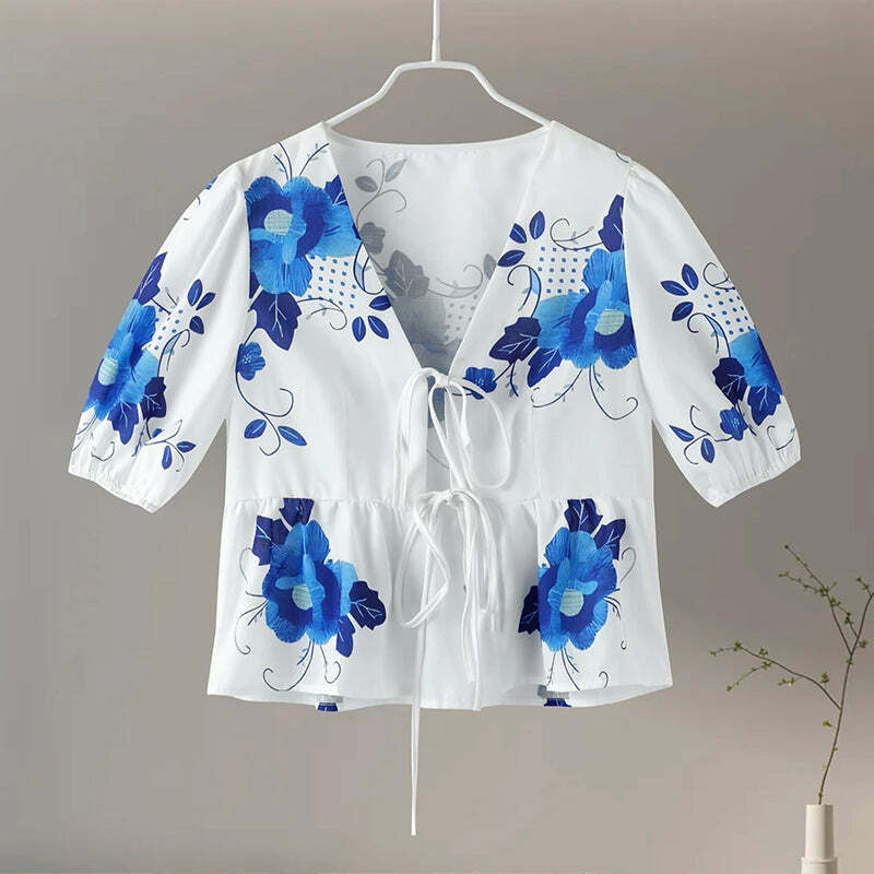 Y2K Flower Print Puff Sleeve Blouse - Retro 90S Grunge Summer Top With Bow Lace Up V-Neck