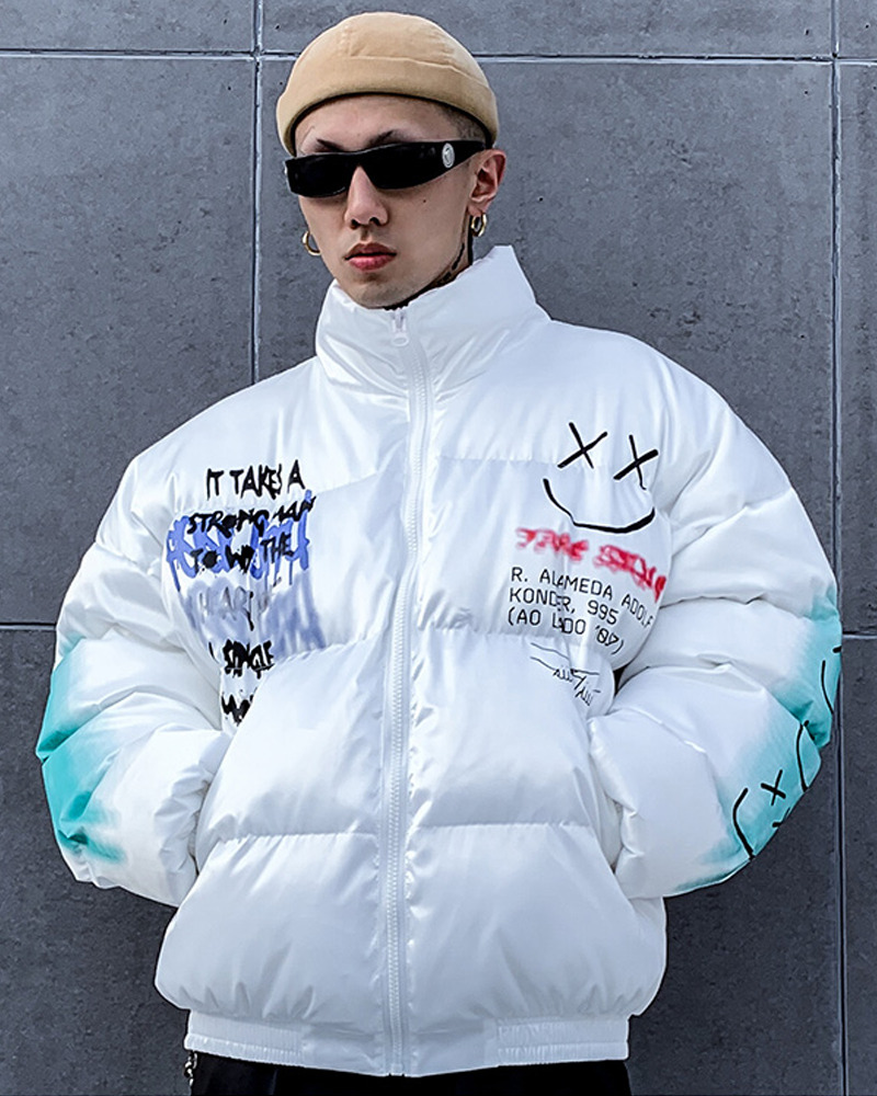 Y2K Graffiti Puffer Jacket - 90S Grunge, Retro Style, Y2K Fashion, Summer & Party Outfits