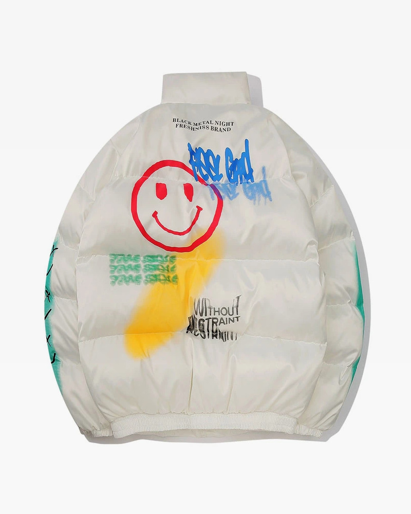 Y2K Graffiti Puffer Jacket - 90S Grunge, Retro Style, Y2K Fashion, Summer & Party Outfits