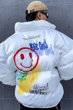 Y2K Graffiti Puffer Jacket - 90S Grunge, Retro Style, Y2K Fashion, Summer & Party Outfits