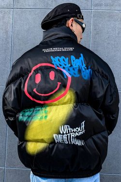 Y2K Graffiti Puffer Jacket - 90S Grunge, Retro Style, Y2K Fashion, Summer & Party Outfits