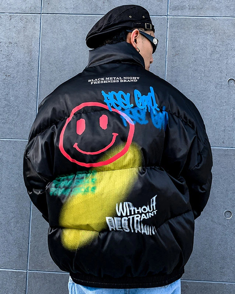 Y2K Graffiti Puffer Jacket - 90S Grunge, Retro Style, Y2K Fashion, Summer & Party Outfits