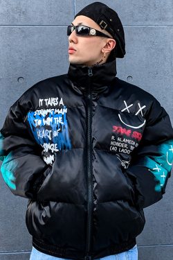 Y2K Graffiti Puffer Jacket - 90S Grunge, Retro Style, Y2K Fashion, Summer & Party Outfits