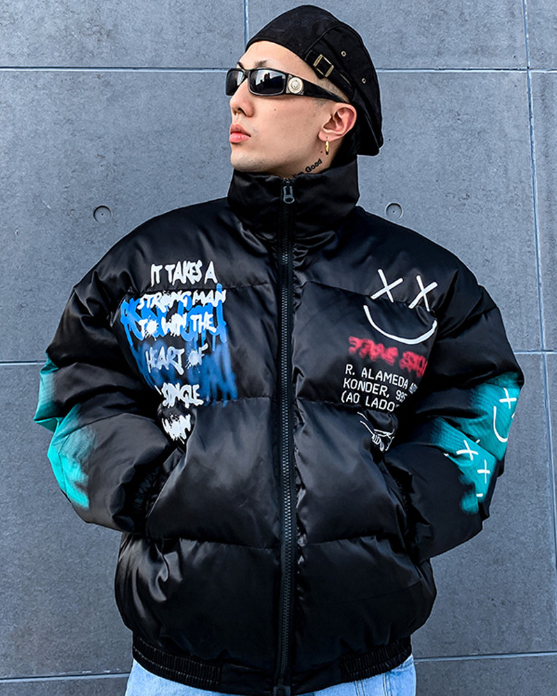 Y2K Graffiti Puffer Jacket - 90S Grunge, Retro Style, Y2K Fashion, Summer & Party Outfits