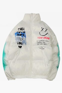 Y2K Graffiti Puffer Jacket - 90S Grunge, Retro Style, Y2K Fashion, Summer & Party Outfits