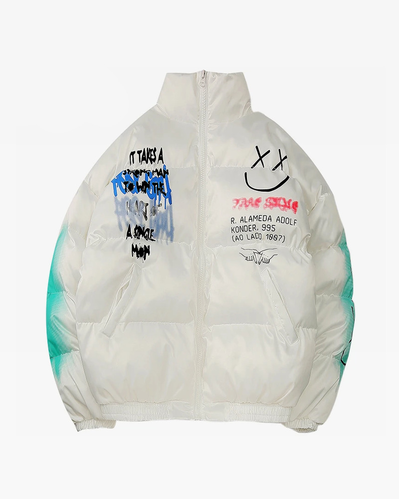 Y2K Graffiti Puffer Jacket - 90S Grunge, Retro Style, Y2K Fashion, Summer & Party Outfits
