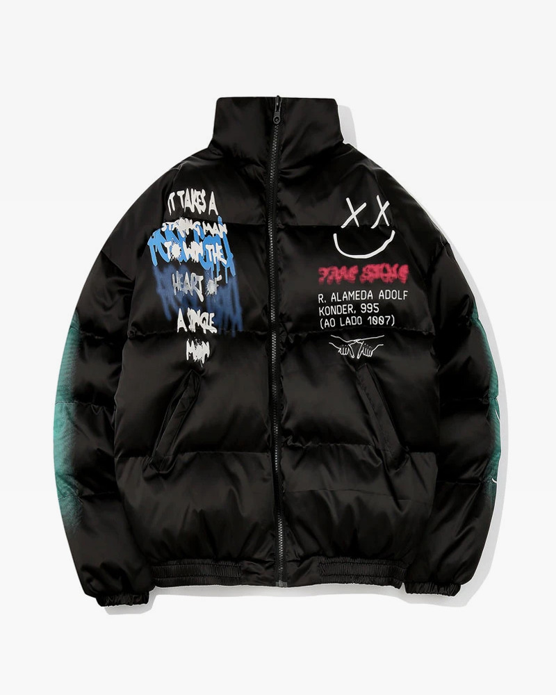 Y2K Graffiti Puffer Jacket - 90S Grunge, Retro Style, Y2K Fashion, Summer & Party Outfits