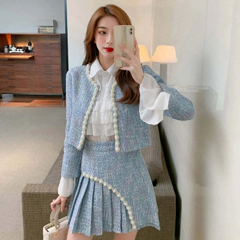 Y2K Grunge 3-Piece Set: Elegant Slim Coat, Skirt, And Shirt - Retro 90S Fashion Tweed Suit