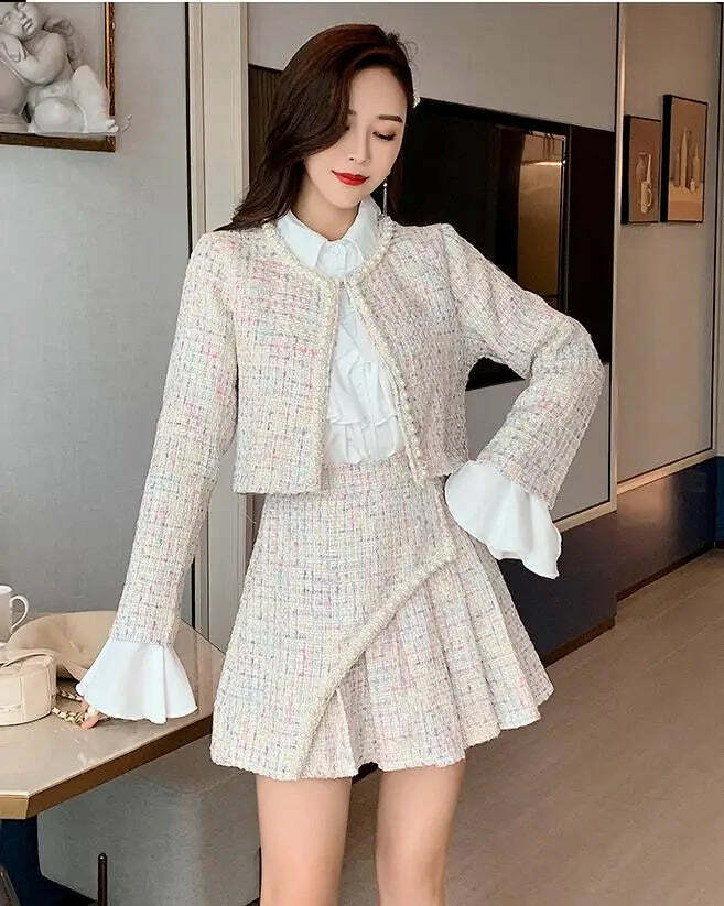 Y2K Grunge 3-Piece Set: Elegant Slim Coat, Skirt, And Shirt - Retro 90S Fashion Tweed Suit