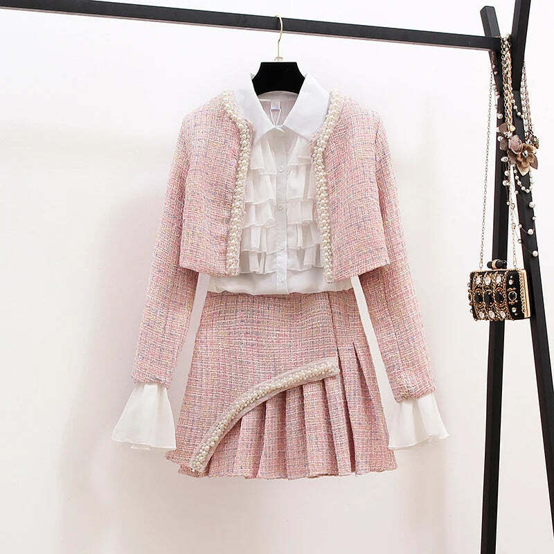 Y2K Grunge 3-Piece Set: Elegant Slim Coat, Skirt, And Shirt - Retro 90S Fashion Tweed Suit