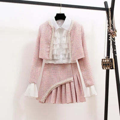 Y2K Grunge 3-Piece Set: Elegant Slim Coat, Skirt, And Shirt - Retro 90S Fashion Tweed Suit