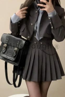 Y2K Grunge 3-Piece Set: Patchwork Kawaii Skirt Suit - Short Coat, Pleated Skirt, Striped Shirt