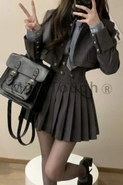 Y2K Grunge 3-Piece Set: Patchwork Kawaii Skirt Suit - Short Coat, Pleated Skirt, Striped Shirt