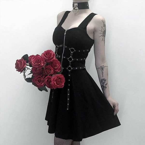 Y2K Grunge A-Line Zipper Dress - 90S Summer Outfit, Retro Style, Y2K Party & Club Fashion