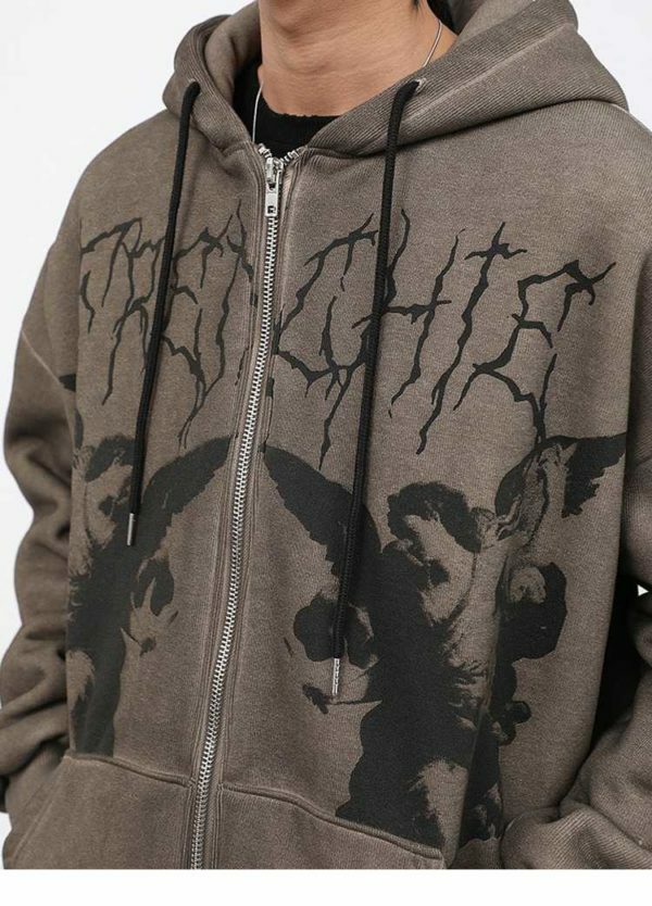 Y2K Grunge Angel Dark Print Hoodie Jacket - Retro 90S Fashion, Summer & Party Outfits