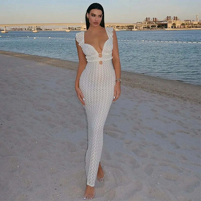 Y2K Grunge Apricot Hollow Out Maxi Dress - Sexy See-Through Backless Beach Party Outfit