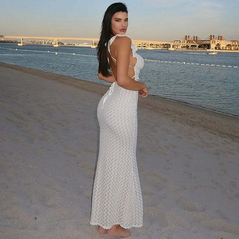 Y2K Grunge Apricot Hollow Out Maxi Dress - Sexy See-Through Backless Beach Party Outfit