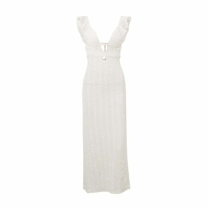 Y2K Grunge Apricot Hollow Out Maxi Dress - Sexy See-Through Backless Beach Party Outfit