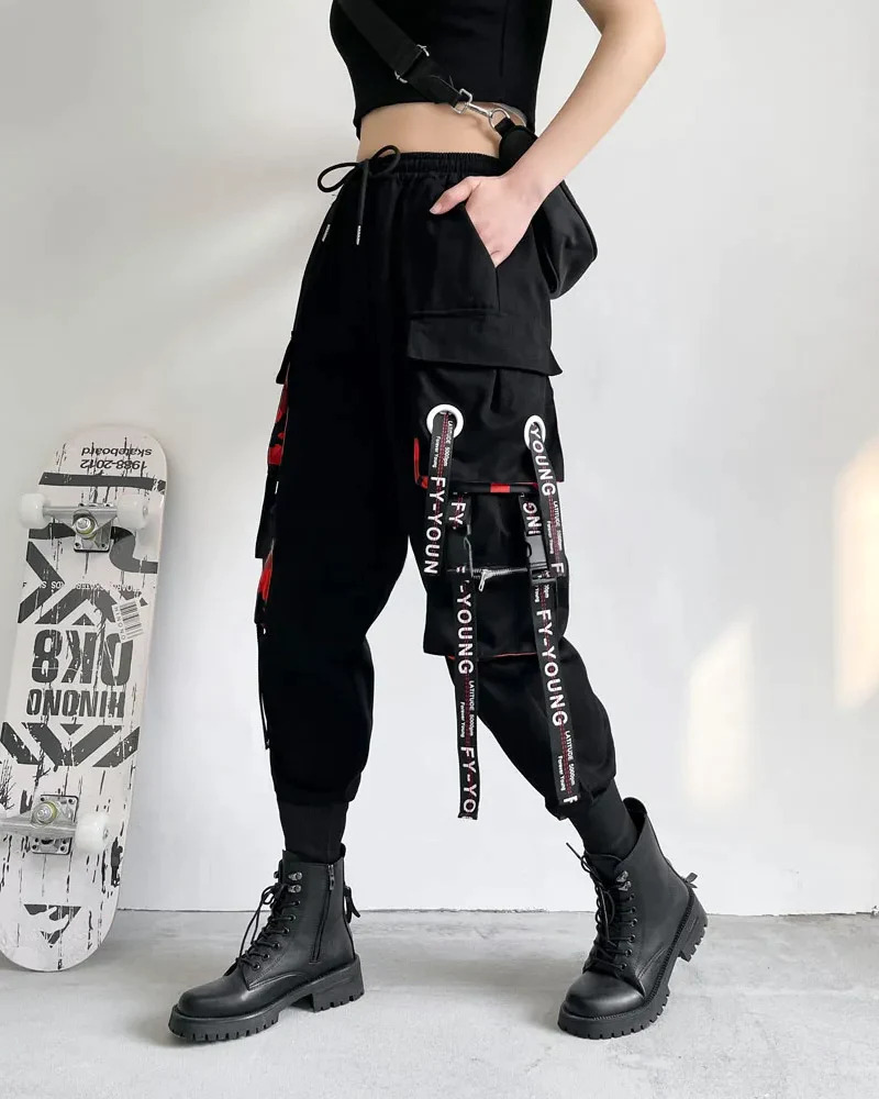 Y2K Grunge Black And Red Cargo Pants - 90S Retro Style, Y2K Summer Outfits, Gothic Y2K Fashion